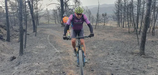 Dos ciclistas subiendo en fila por el pinar quemado