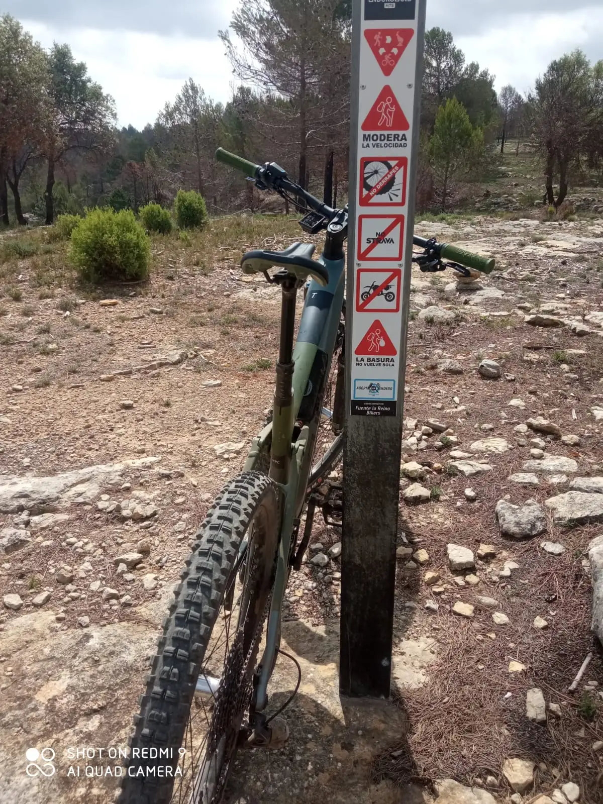 Una MTB verde apoyada en el poste del sendero adoptado
