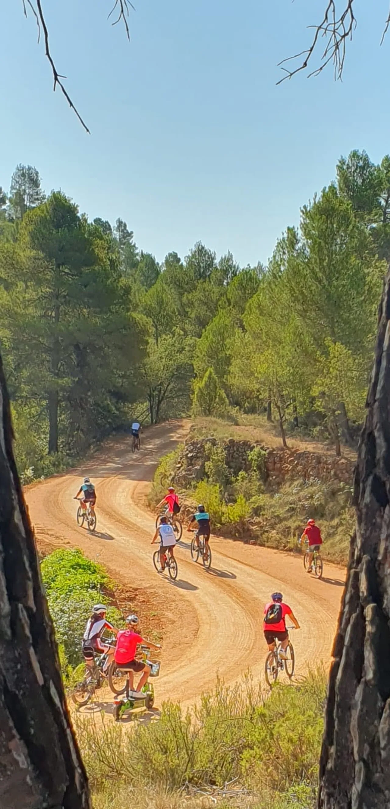 El grupo bajando por la pista de tierra roja, visto desde arriba