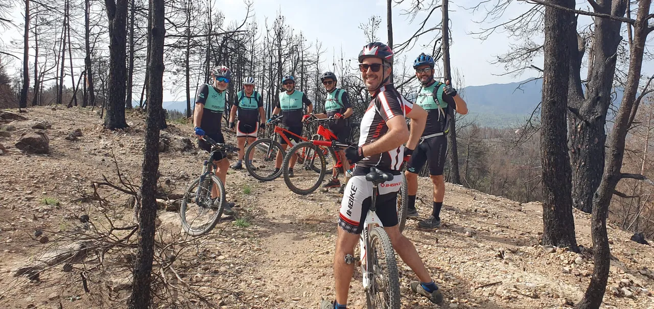 El grupo posando con las bicis en el pinar quemado