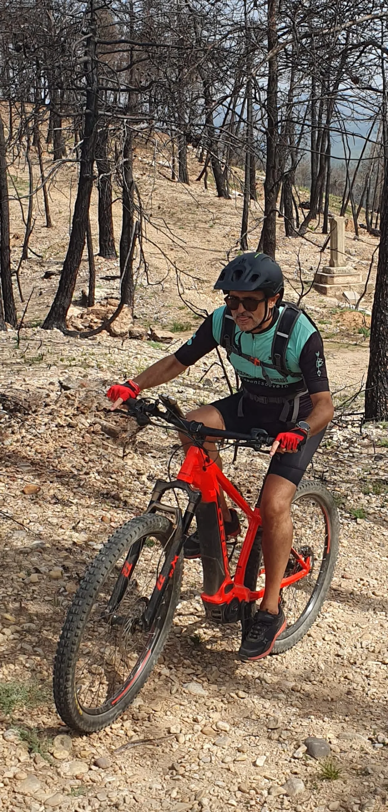 Una e-bike roja parada en el pinar calcinado