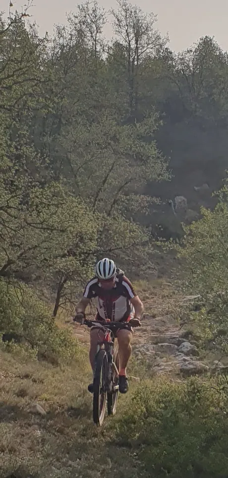 Un ciclista subiendo solo entre carrascas con luz de primera hora