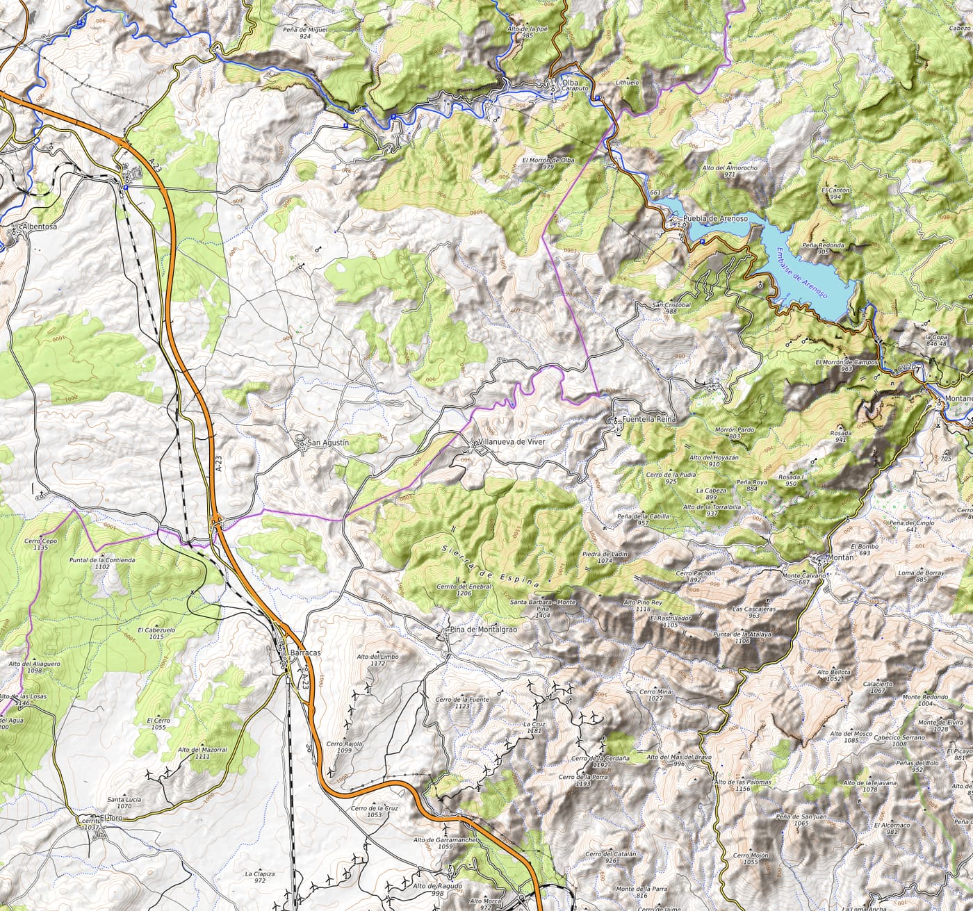 Mapa topográfico del Alto Mijares alrededor de Fuente la Reina